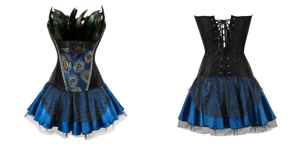 Robe Corset Drag Peacock (Top noir / Jupe bleue)
