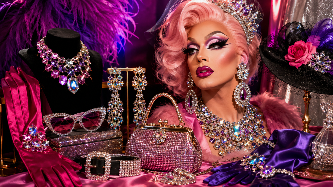 Accessoires drag queen avec bijoux brillants, lunettes, sac, gants et détails glamour sur fond rose.