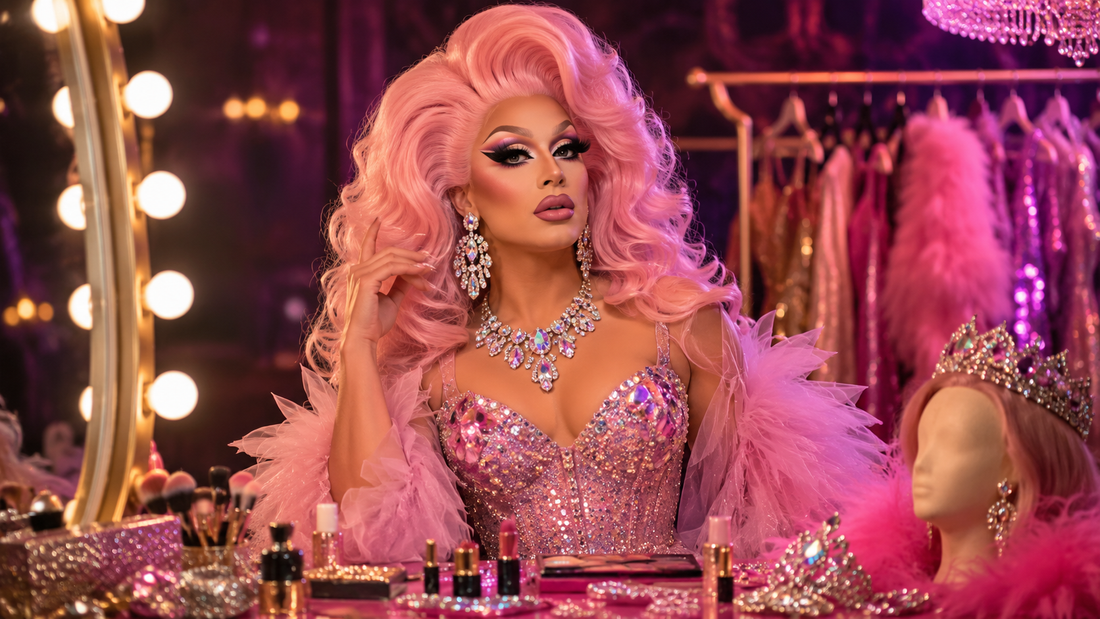 Drag queen avec perruque rose, corset scintillant, maquillage glamour et bijoux devant une coiffeuse.