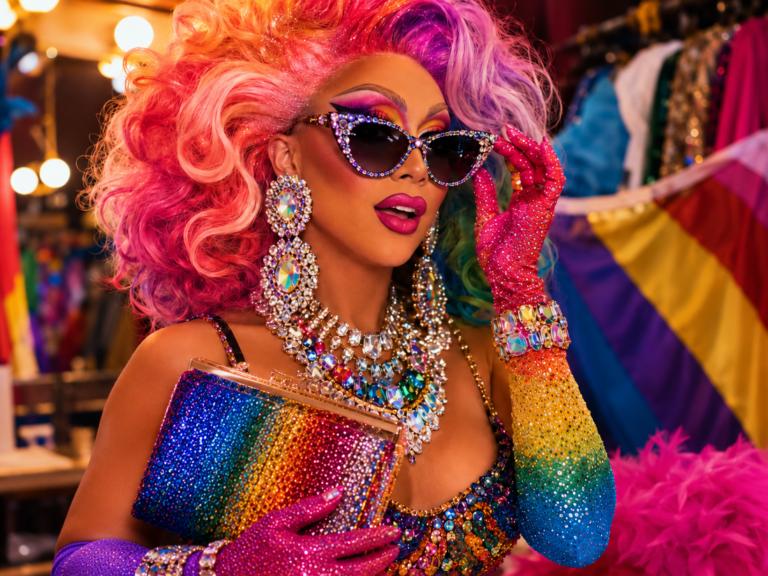 Drag queen avec accessoires de Pride, grandes boucles d’oreilles, lunettes brillantes, gants et bijoux de scène.