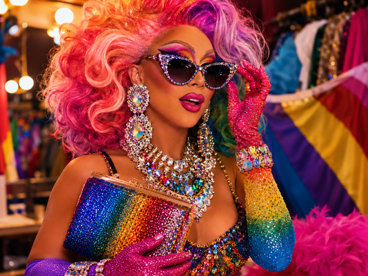 Drag queen avec accessoires de Pride, grandes boucles d’oreilles, lunettes brillantes, gants et bijoux de scène.