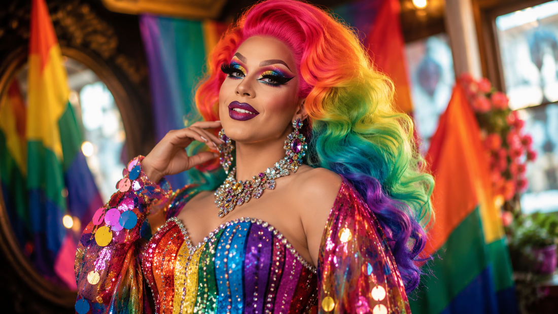 Drag queen avec perruque, corset brillant et accessoires glamour pour une tenue Pride colorée.