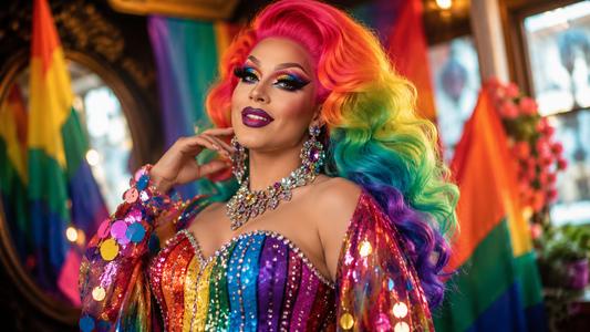 Drag queen avec perruque, corset brillant et accessoires glamour pour une tenue Pride colorée.
