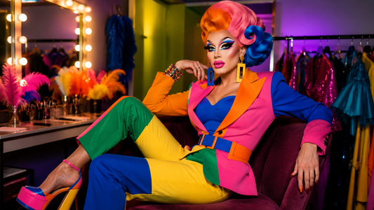 Drag queen portant un look color block aux couleurs intenses, avec perruque volumineuse, maquillage dramatique et accessoires brillants dans une loge.