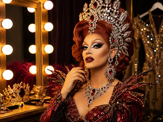 Drag queen portant une tiare brillante et une coiffe dramatique dans une loge glamour avec bijoux et costumes de scène.