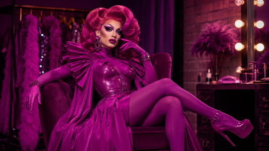 Drag queen en look monochrome rose avec perruque volumineuse, corset brillant, talons et accessoires assortis dans une loge glamour.
