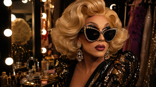 Drag queen avec lunettes de soleil spectaculaires, maquillage intense, perruque volumineuse et accessoires brillants dans une loge glamour.