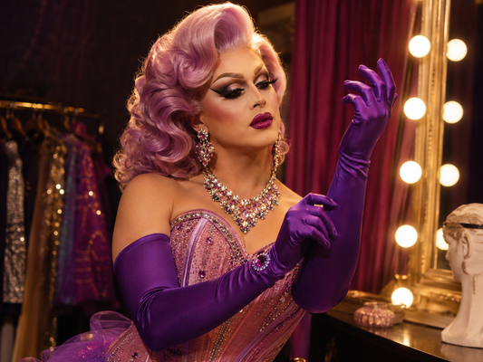 Drag queen en loge avec de longs gants brillants, bijoux spectaculaires, maquillage intense et tenue de scène.
