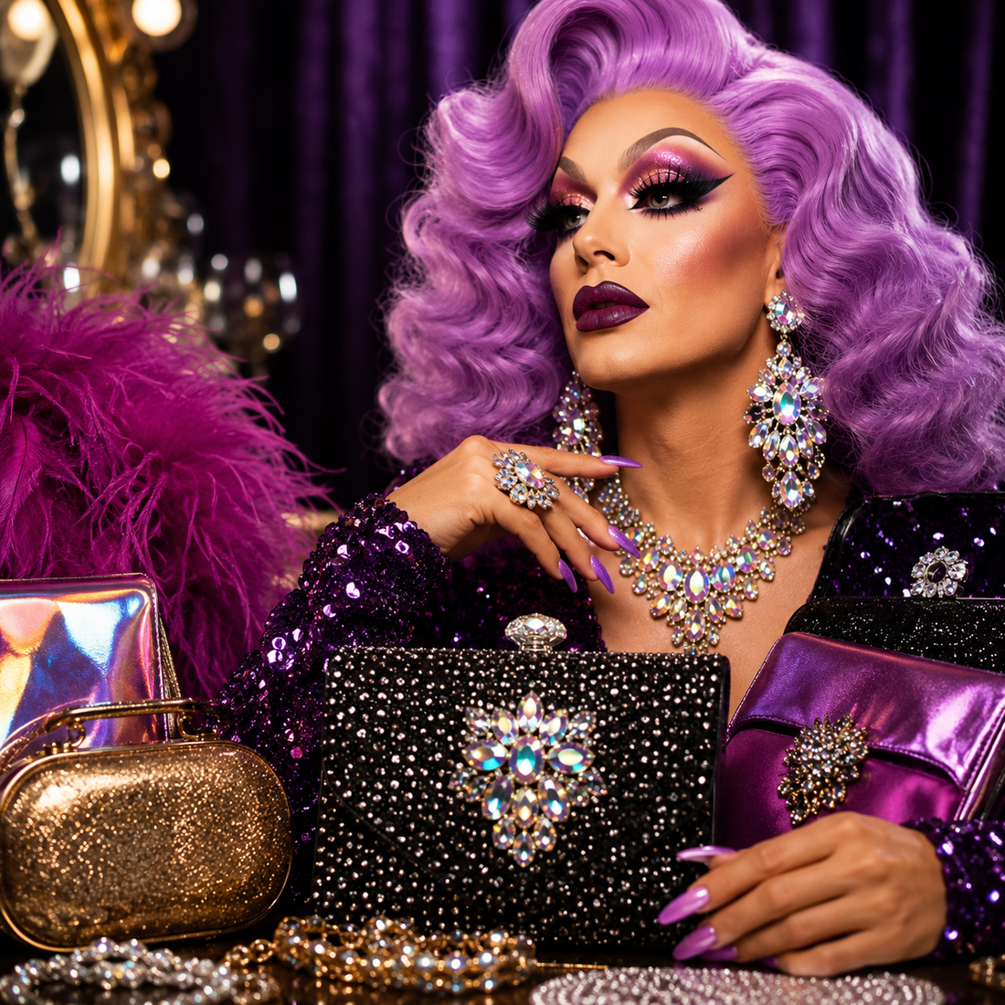 Drag queen avec une pochette brillante dans une loge glamour entourée d’accessoires de scène.