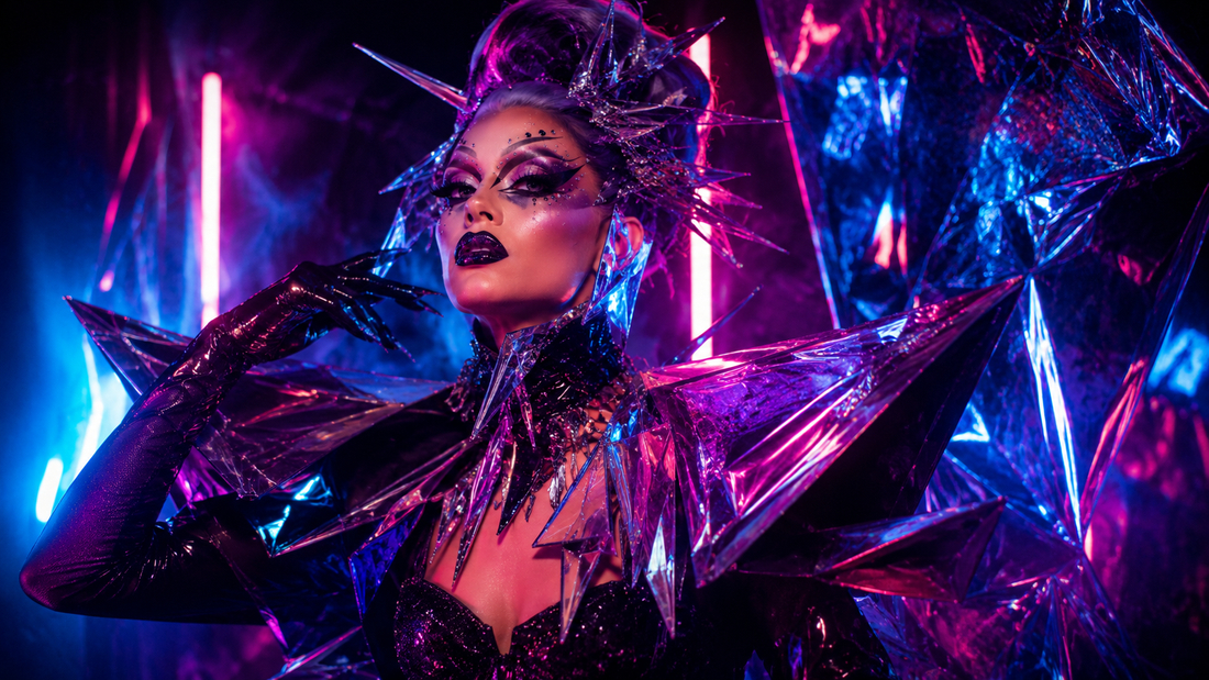 Drag queen avec look avant-garde, maquillage graphique, perruque sculpturale et accessoires spectaculaires dans une loge théâtrale