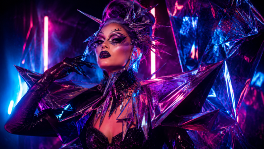 Drag queen avec look avant-garde, maquillage graphique, perruque sculpturale et accessoires spectaculaires dans une loge théâtrale
