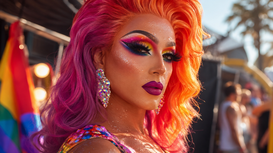 Drag queen avec maquillage longue tenue, faux cils dramatiques et look Pride brillant pour festival.