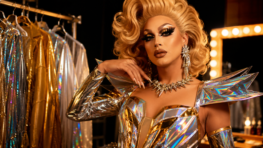Drag queen en look de scène métallisé or, argent et holographique, avec maquillage dramatique, perruque volumineuse, bijoux brillants et accessoires de scène.