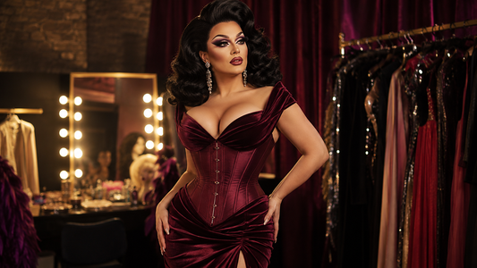 Drag queen portant une robe structurée avec corset, rembourrage discret et silhouette glamour dans une loge