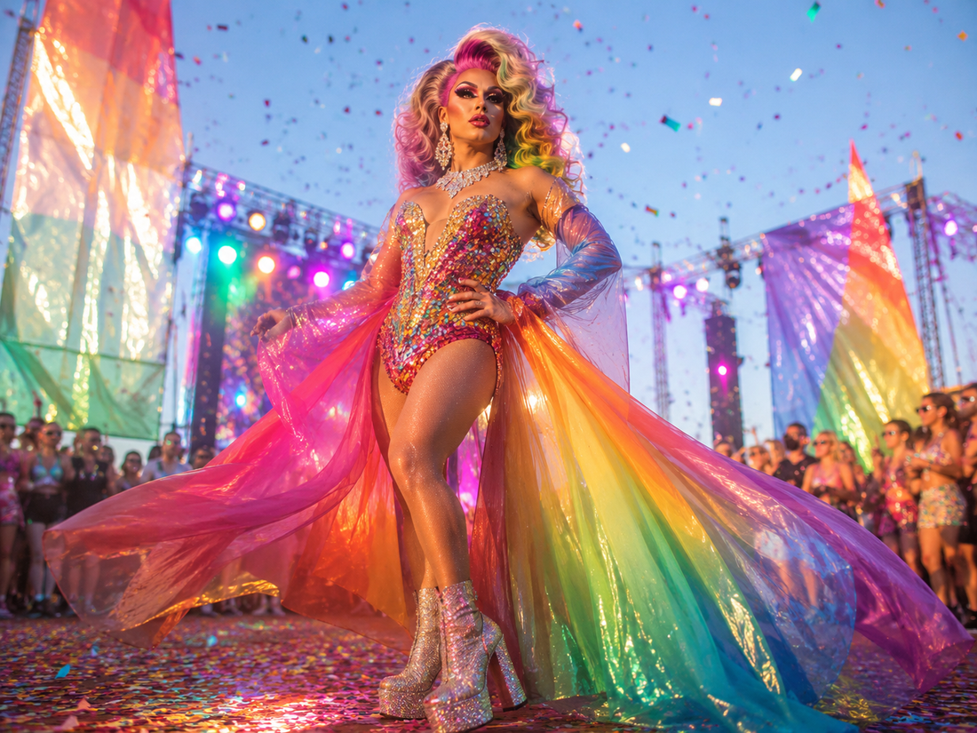 Drag queen en look coloré de Pride et festival avec perruque volumineuse, bottes plateforme et accessoires brillants.