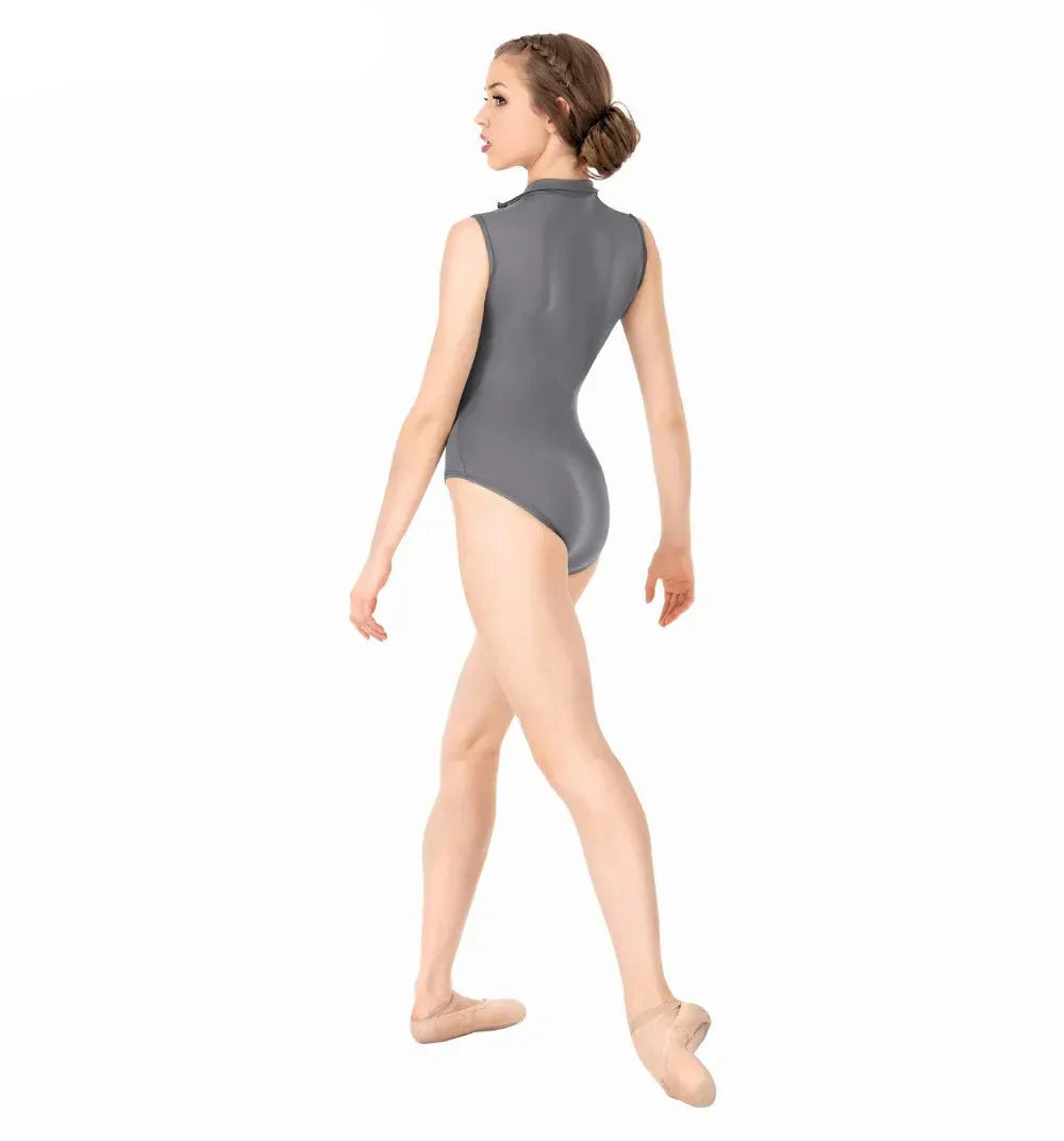 Person wearing a gray leotard on a white background