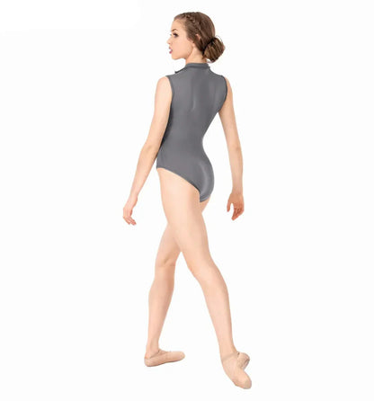 Person wearing a gray leotard on a white background