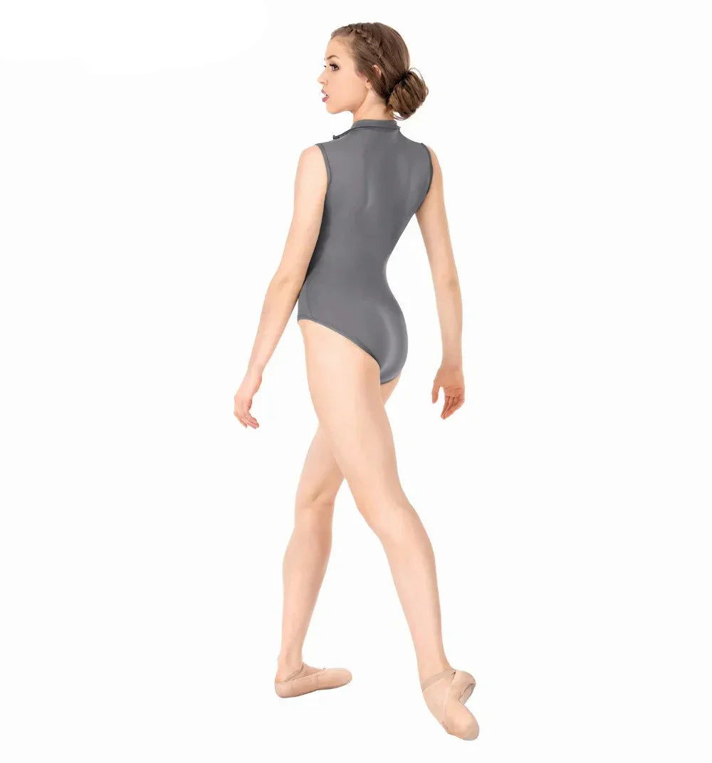 Person wearing a gray leotard on a white background