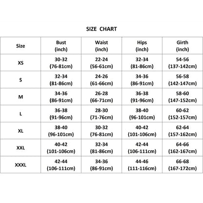 Size chart for clothing measurements in inches
