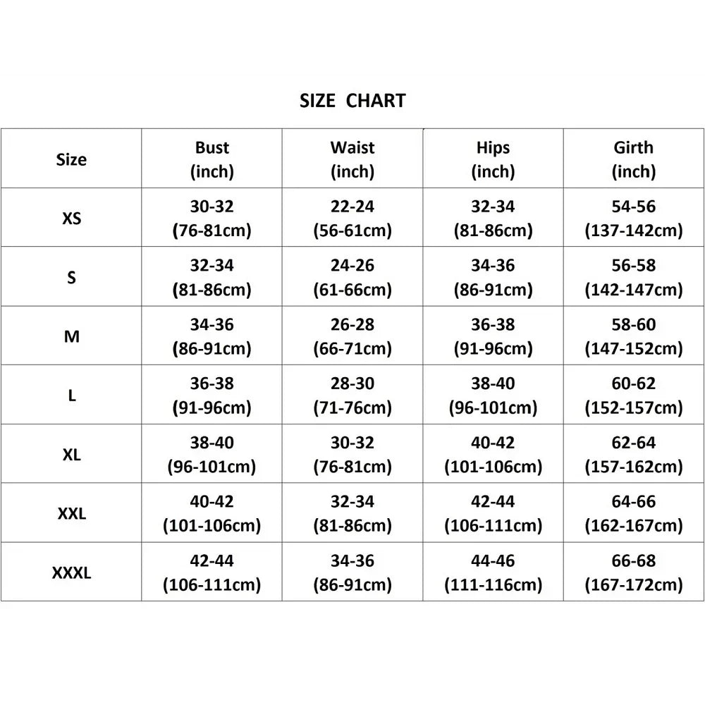 Size chart for clothing measurements in inches